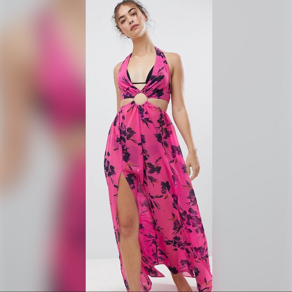 Summer Pink O-ring Detail Chiffon Maxi Dress